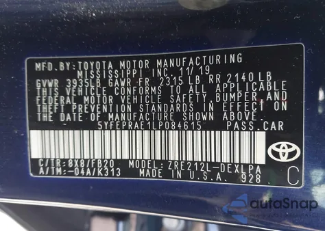 2020 Toyota Corolla Le z USA, uszkodzony, nr VIN 5YFEPRAE1LP084615